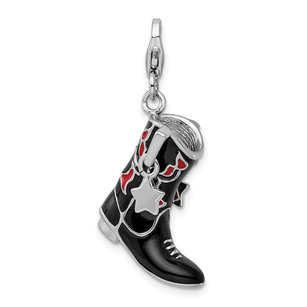 Amore La Vita Sterling Silver Rhodium-plated Polished 3-D Black Red Enameled Cowboy Boot Charm with Fancy Lobster Clasp, 44 x 18 mm