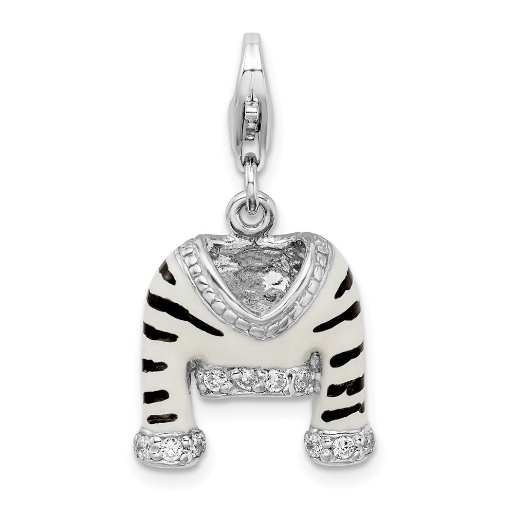Amore La Vita Sterling Silver Rhodium-plated Polished 3-D CZ Enameled Zebra Jacket Charm with Fancy Lobster Clasp, 37 x 15 mm