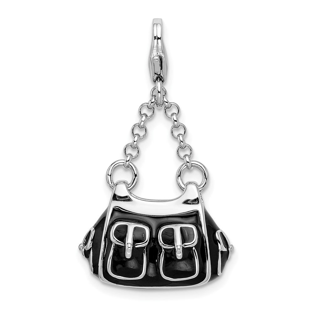 Amore La Vita Sterling Silver Rhodium-plated Polished 3-D Black Enameled Handbag Charm with Fancy Lobster Clasp, 41 x 19 mm