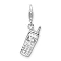 Amore La Vita Sterling Silver Rhodium-plated Polished CZ Cell Phone Charm with Fancy Lobster Clasp, 34 x 10 mm