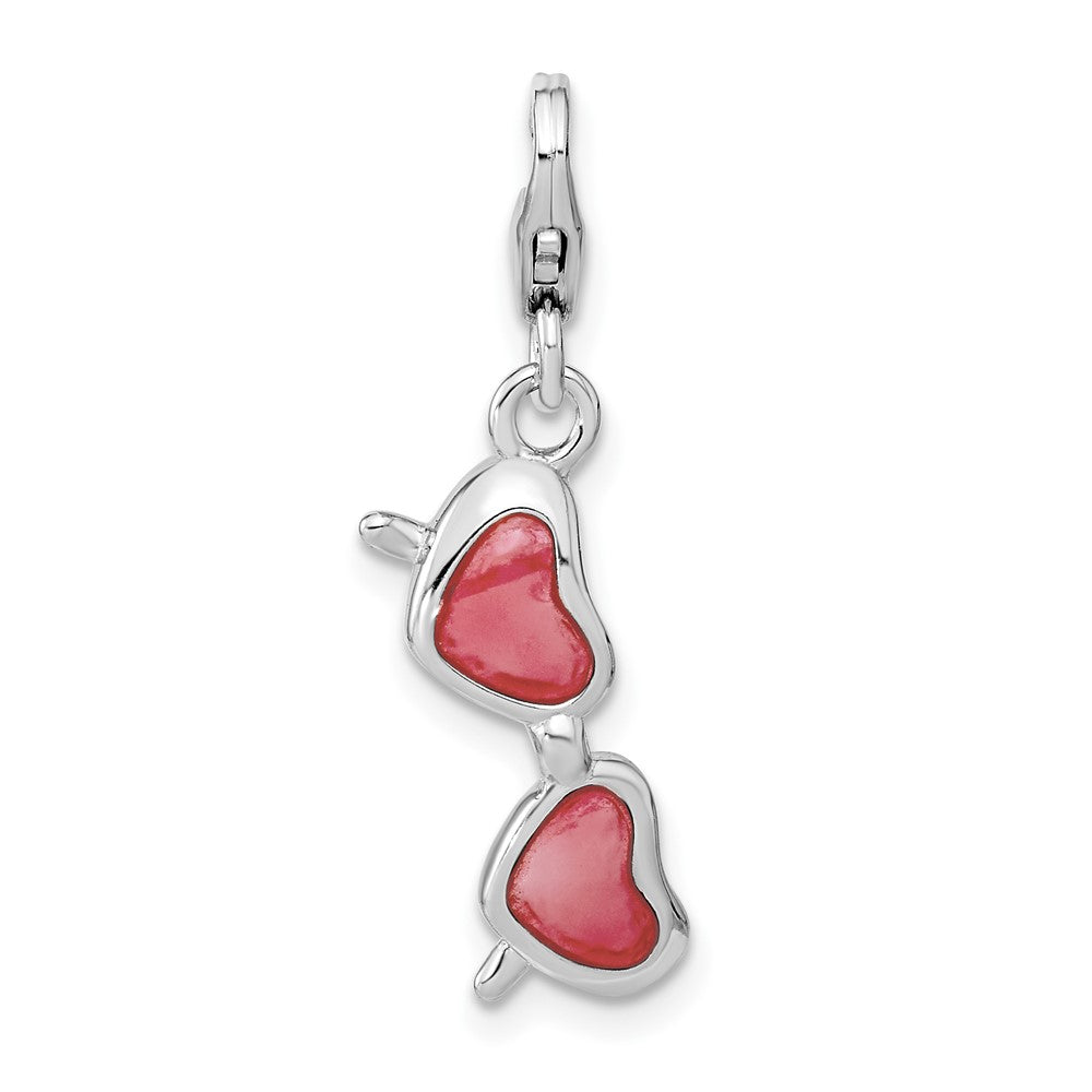 Amore La Vita Sterling Silver Rhodium-plated Polished 3-D Enameled Coral Heart Sunglasses Charm with Fancy Lobster Clasp, 38 x 11 mm