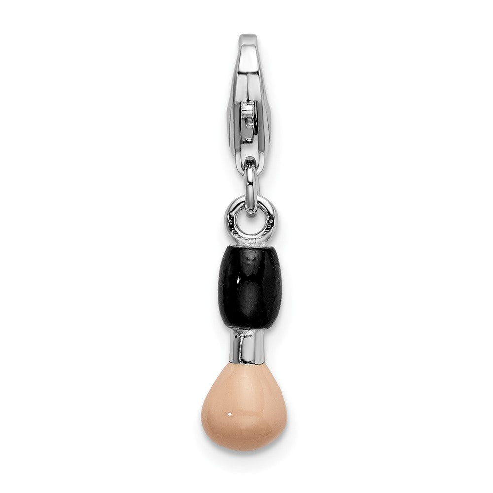 Amore La Vita Sterling Silver Rhodium-plated Polished 3-D Black and Pink Enameled Blush Brush Charm with Fancy Lobster Clasp, 36 x 5 mm