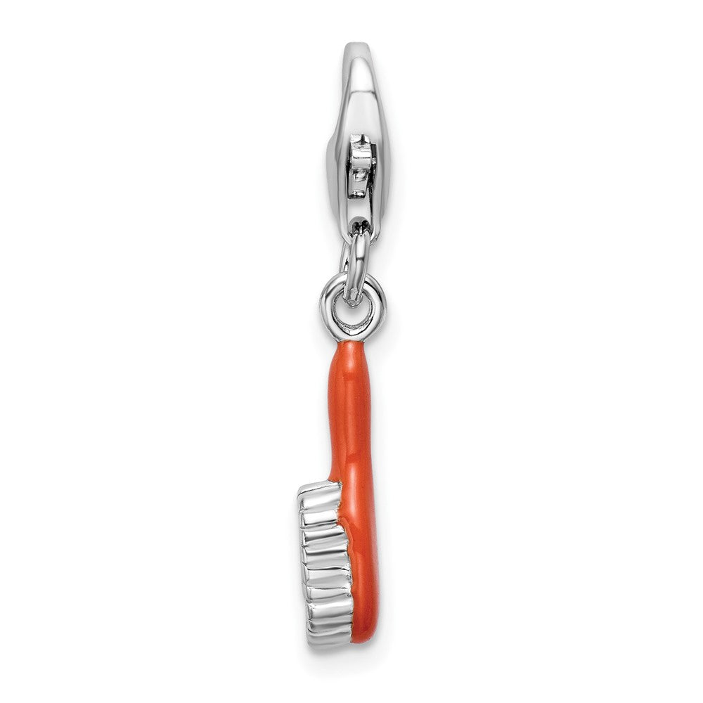 Amore La Vita Sterling Silver Rhodium-plated Polished 3-D Orange Enameled Hair Brush Charm with Fancy Lobster Clasp, 37 x 5 mm