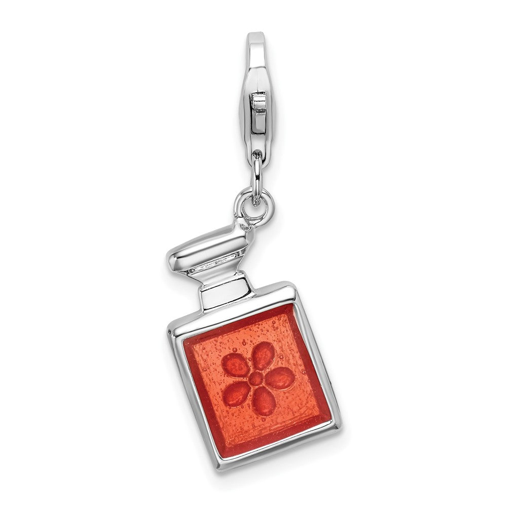 Amore La Vita Sterling Silver Rhodium-plated Polished 3-D Orange Enameled Perfume Bottle Charm with Fancy Lobster Clasp, 38 x 12 mm