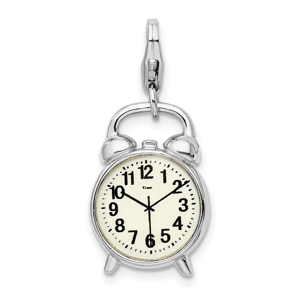 Amore La Vita Sterling Silver Rhodium-plated Polished 3-D Alarm Clock Charm with Fancy Lobster Clasp, 36 x 12 mm