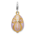 Amore La Vita Sterling Silver Rhodium-plated and Gold-plated Polished 3-D Crystal Enameled Pink Egg with Cross Charm with Fancy Lobster Clasp, 40 x 12 mm