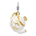 Amore La Vita Sterling Silver Rhodium-plated and Gold-plated Polished 3-D White Enameled Tea Pot Charm with Fancy Lobster Clasp, 40 x 18 mm