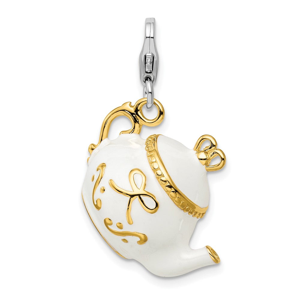 Amore La Vita Sterling Silver Rhodium-plated and Gold-plated Polished 3-D White Enameled Tea Pot Charm with Fancy Lobster Clasp, 40 x 18 mm
