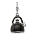 Amore La Vita Sterling Silver Rhodium-plated Polished 3-D Enameled Black Tea Kettle Charm with Fancy Lobster Clasp, 37 x 14 mm