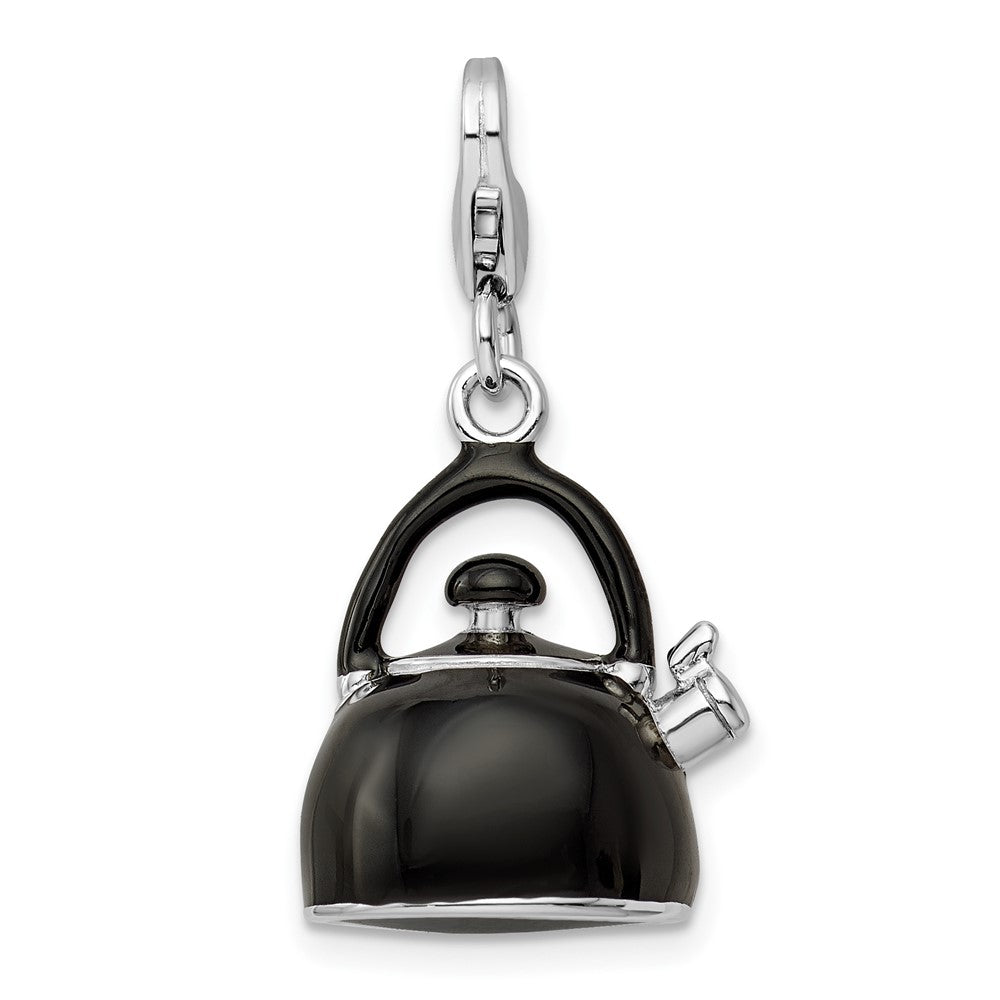 Amore La Vita Sterling Silver Rhodium-plated Polished 3-D Enameled Black Tea Kettle Charm with Fancy Lobster Clasp, 37 x 14 mm