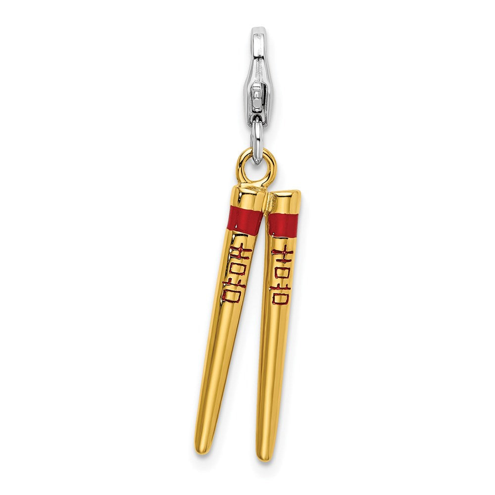 Sterling Silver 3-D Enameled Gold-plated Chopstick w/Lobster Clasp Charm, 42 x 8 mm