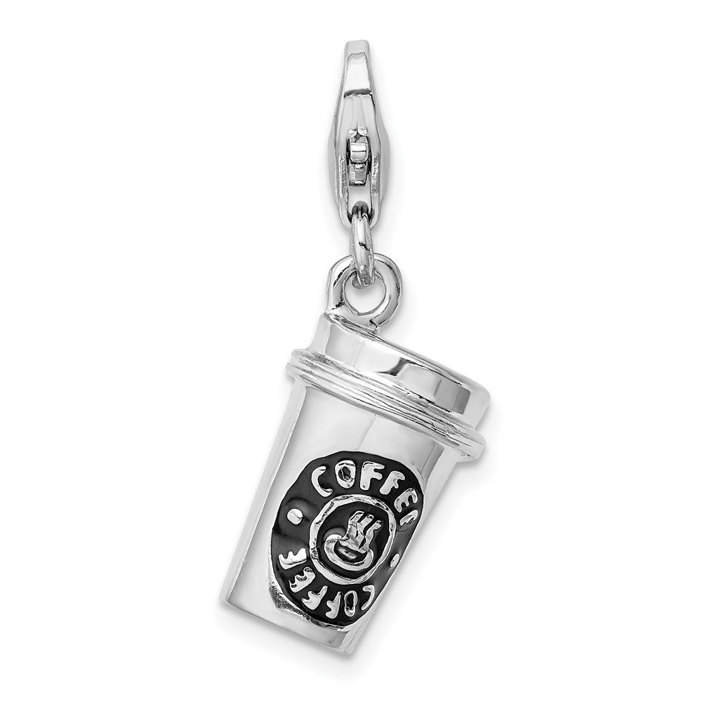 Amore La Vita Sterling Silver Rhodium-plated Polished 3-D Enameled To Go Coffee Cup Charm with Fancy Lobster Clasp, 37 x 12 mm