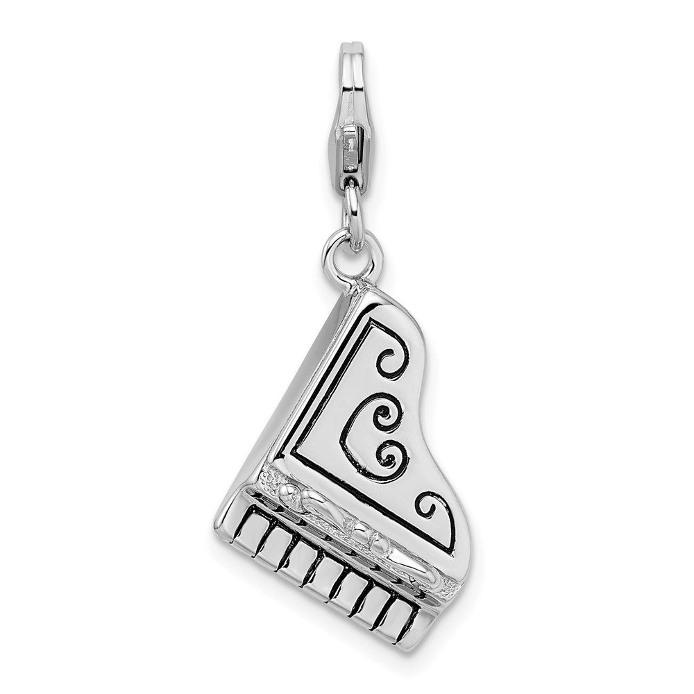 Amore La Vita Sterling Silver Rhodium-plated Polished 3-D Enameled Grand Piano with Heart Scroll Charm with Fancy Lobster Clasp, 39 x 14 mm