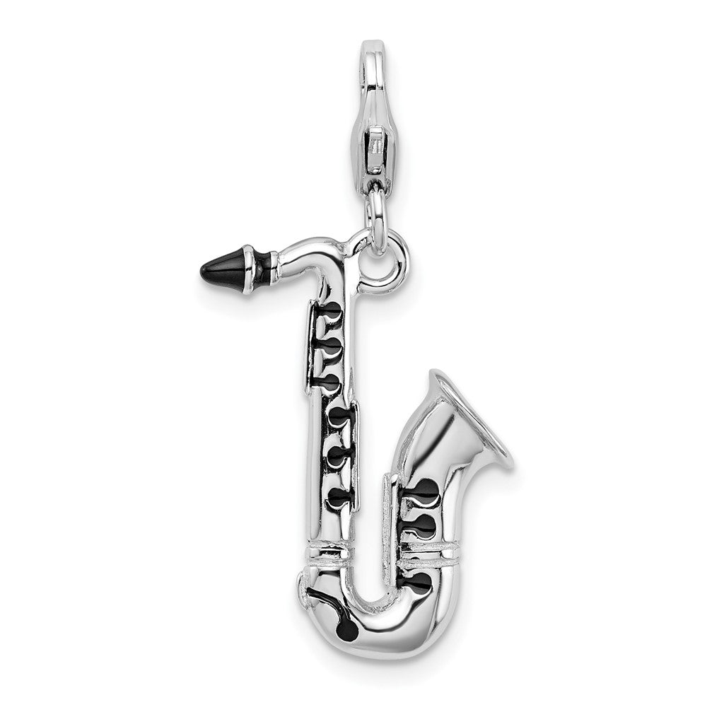 Amore La Vita Sterling Silver Rhodium-plated Polished 3-D Enameled Saxophone Charm with Fancy Lobster Clasp, 40 x 15 mm