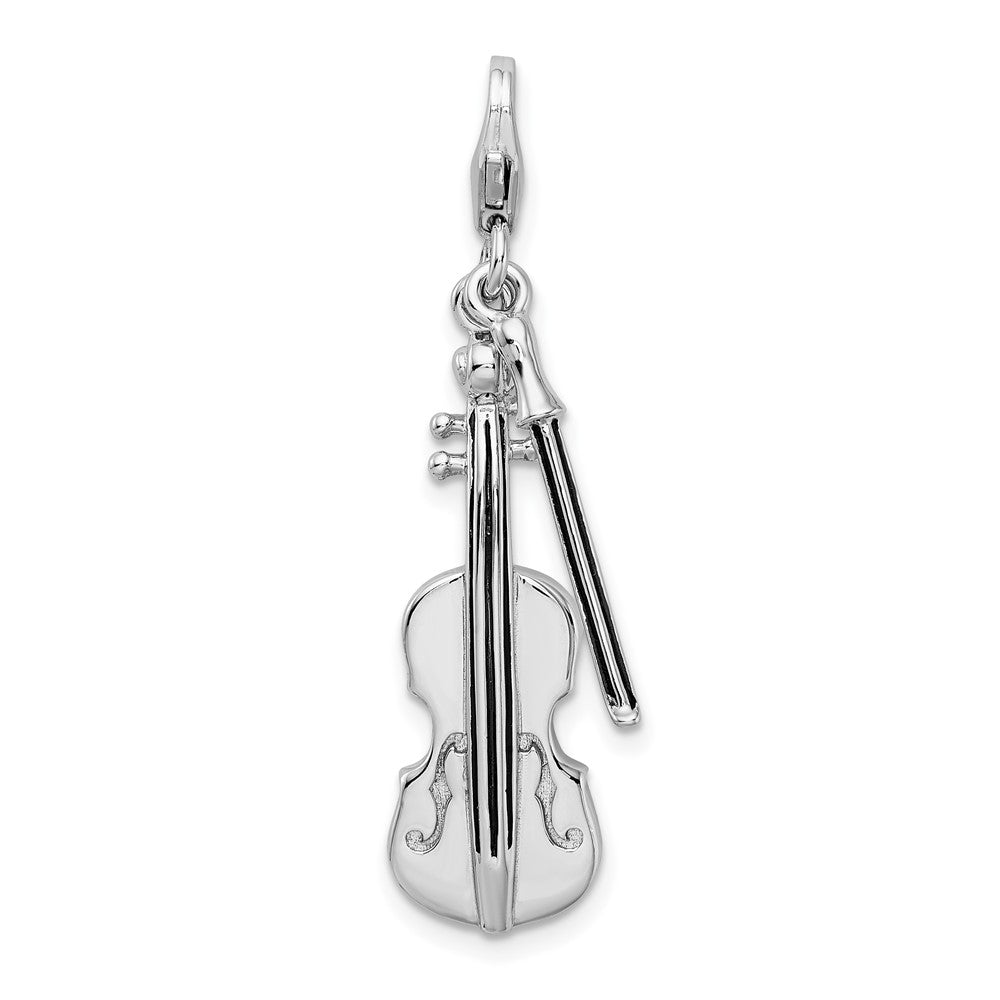 Amore La Vita Sterling Silver Rhodium-plated Polished 3-D Violin with Antiqued Bow Charm with Fancy Lobster Clasp, 46 x 10 mm