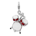 Amore La Vita Sterling Silver Rhodium-plated Polished 3-D Enameled Drum Set Charm with Fancy Lobster Clasp, 43 x 20 mm