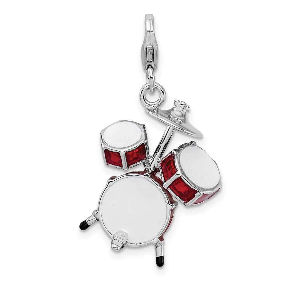 Amore La Vita Sterling Silver Rhodium-plated Polished 3-D Enameled Drum Set Charm with Fancy Lobster Clasp, 43 x 20 mm