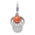Amore La Vita Sterling Silver Rhodium-plated Polished 3-D Moveable Enameled Basketball in Net Charm with Fancy Lobster Clasp, 34 x 15 mm