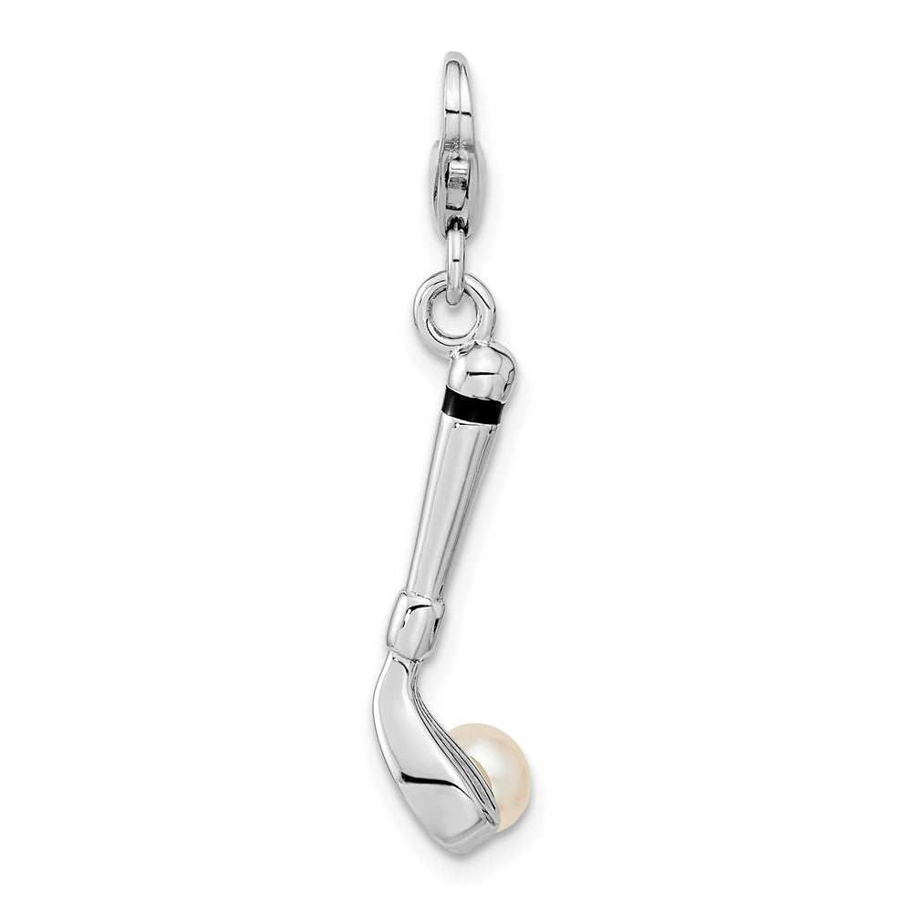 Amore La Vita Sterling Silver Rhodium-plated Polished 3-D Freshwater Cultured Pearl Golf Club Charm with Fancy Lobster Clasp, 43 x 7 mm