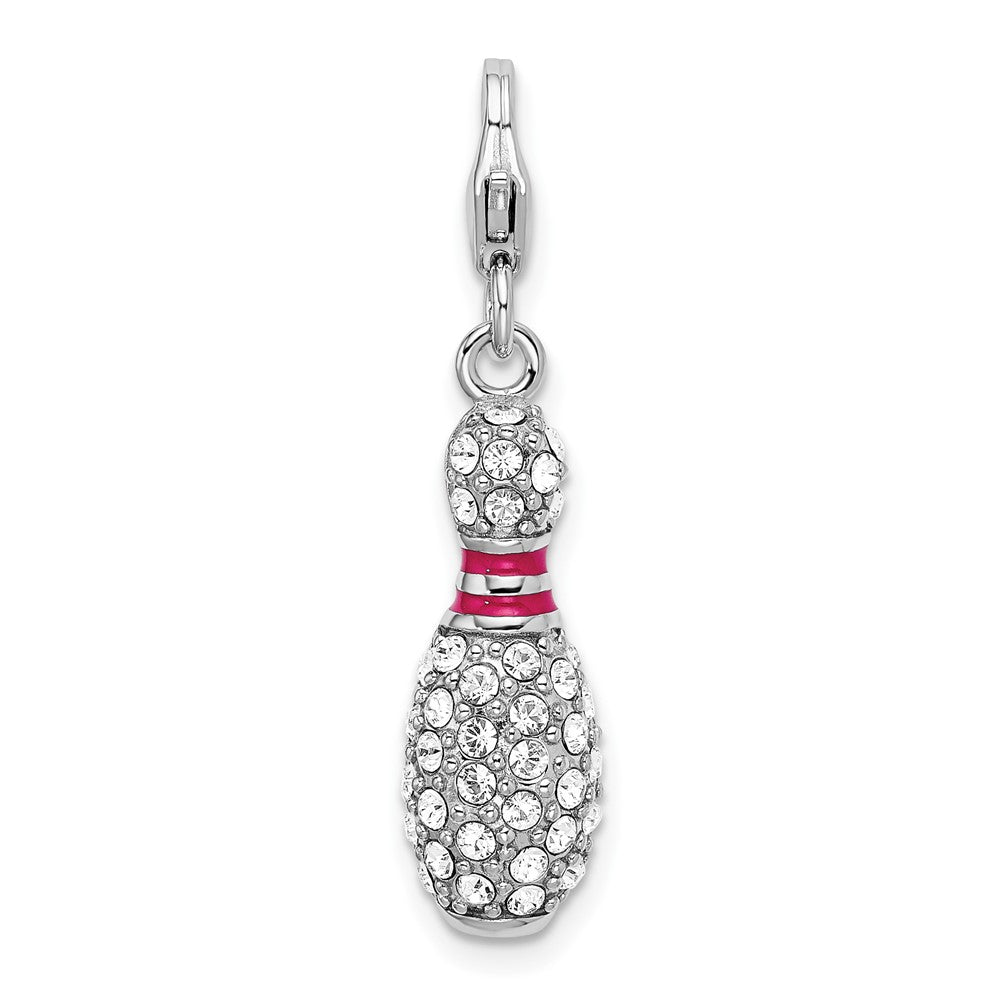 Amore La Vita Sterling Silver Rhodium-plated Polished 3-D Reversible Enameled Bowling Pin Charm with Fancy Lobster Clasp, 40 x 7 mm