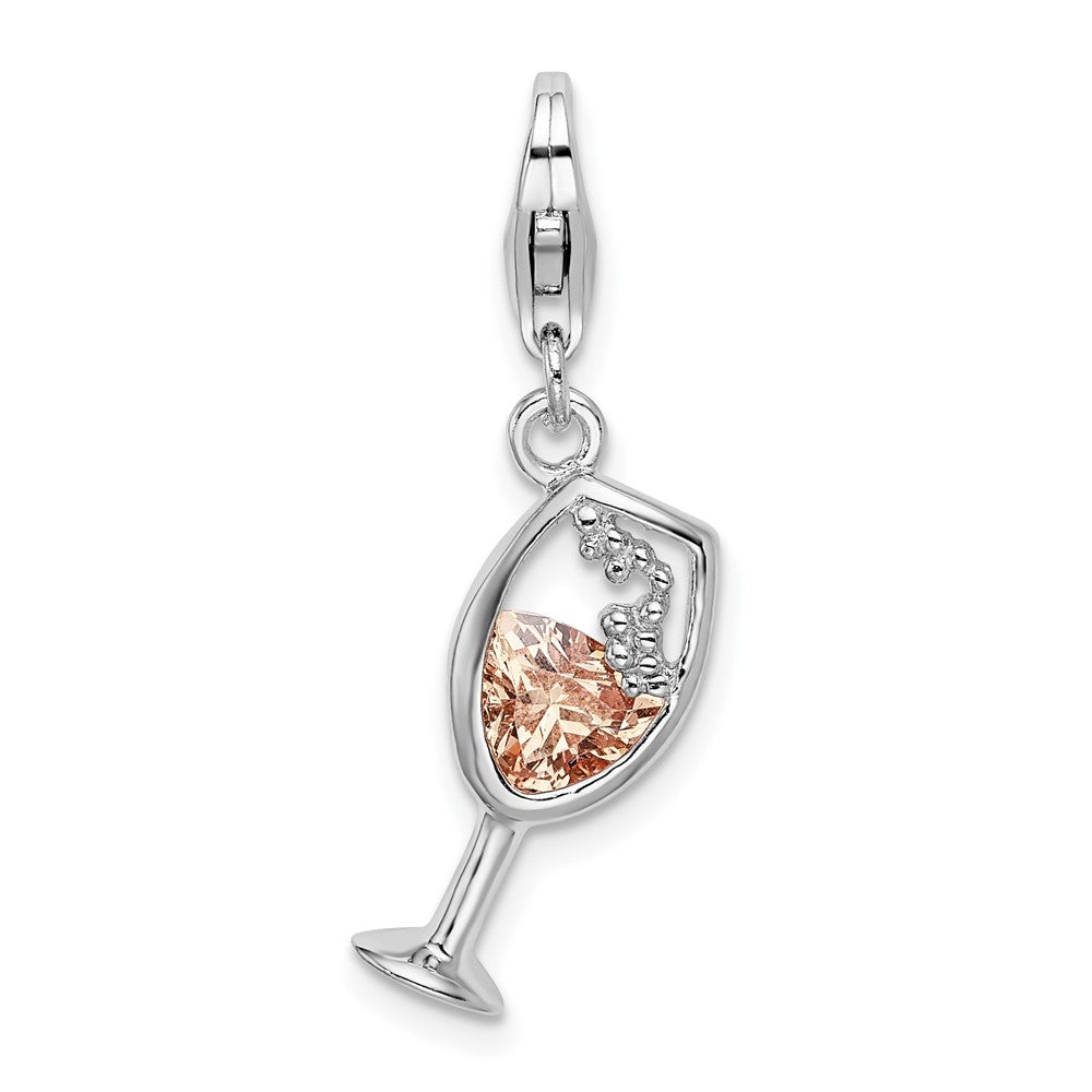 Amore La Vita Sterling Silver Rhodium-plated Polished CZ Enameled Open Champagne Glass Charm with Fancy Lobster Clasp, 38 x 14 mm