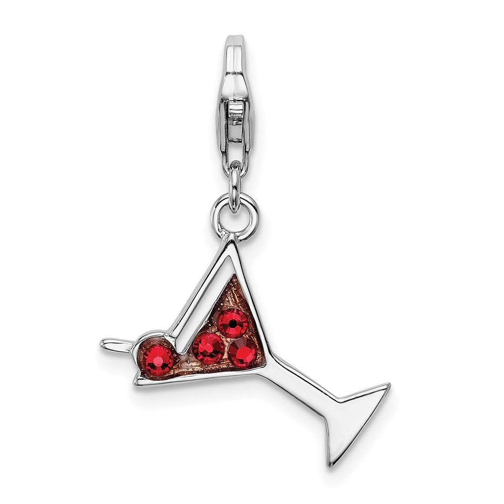 Amore La Vita Sterling Silver Rhodium-plated Polished Enameled Red Crystal Martini Glass Charm with Fancy Lobster Clasp, 36 x 18 mm