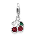 Sterling Silver Rhodium-plated Crystal Cherries w/Lobster Clasp Charm, 32 x 11 mm
