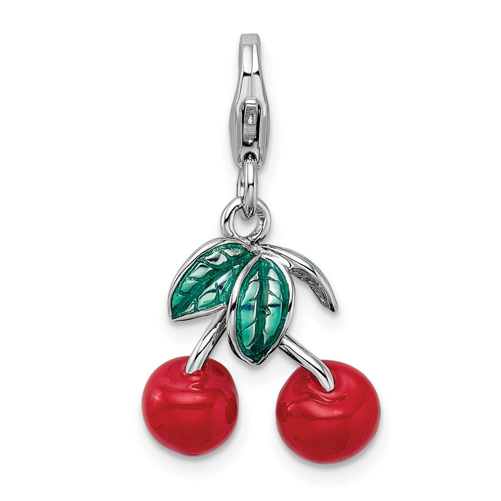 Amore La Vita Sterling Silver Rhodium-plated Polished 3-D Enameled Red Cherries Charm with Fancy Lobster Clasp, 34 x 14 mm