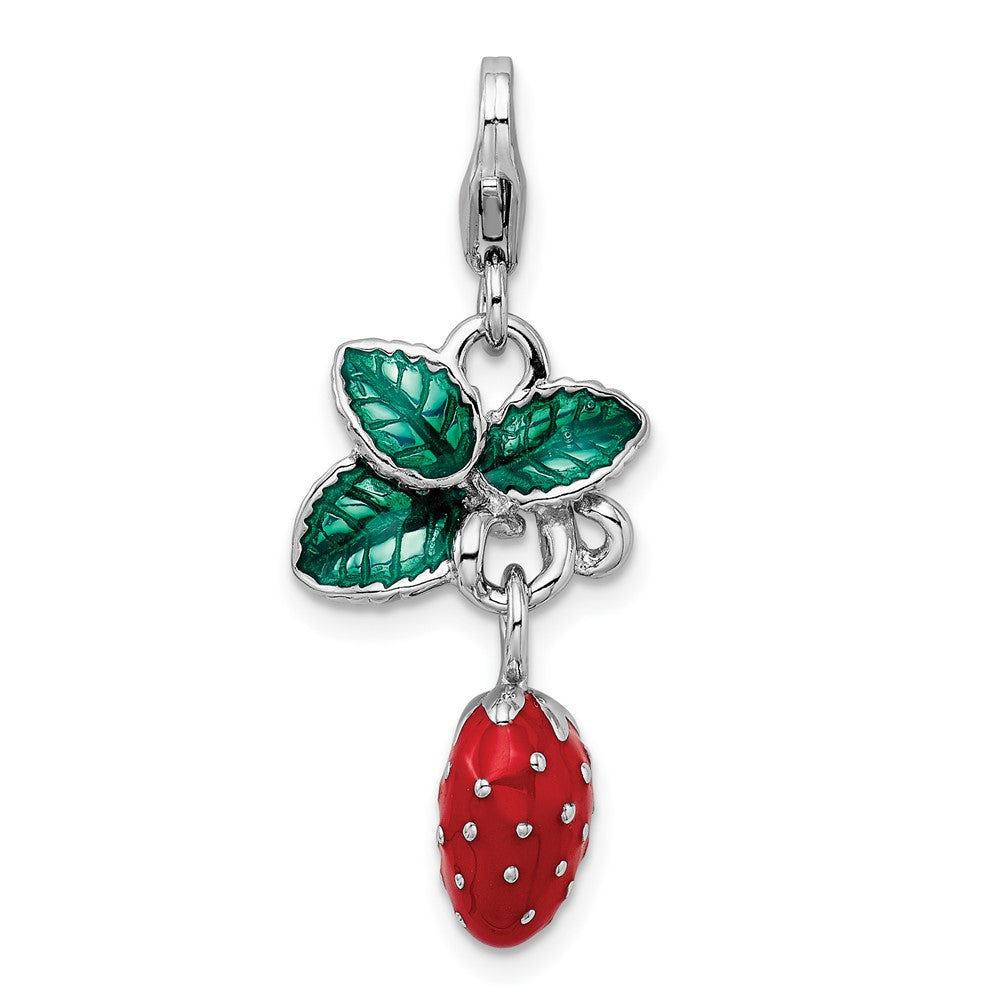 Amore La Vita Sterling Silver Rhodium-plated Polished 3-D Enameled Strawberry Charm with Fancy Lobster Clasp, 41 x 13 mm