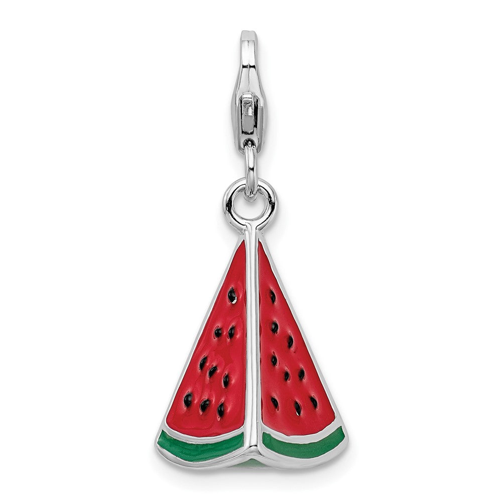 Amore La Vita Sterling Silver Rhodium-plated Polished 3-D Enameled Watermelon Wedge Charm with Fancy Lobster Clasp, 38 x 12 mm