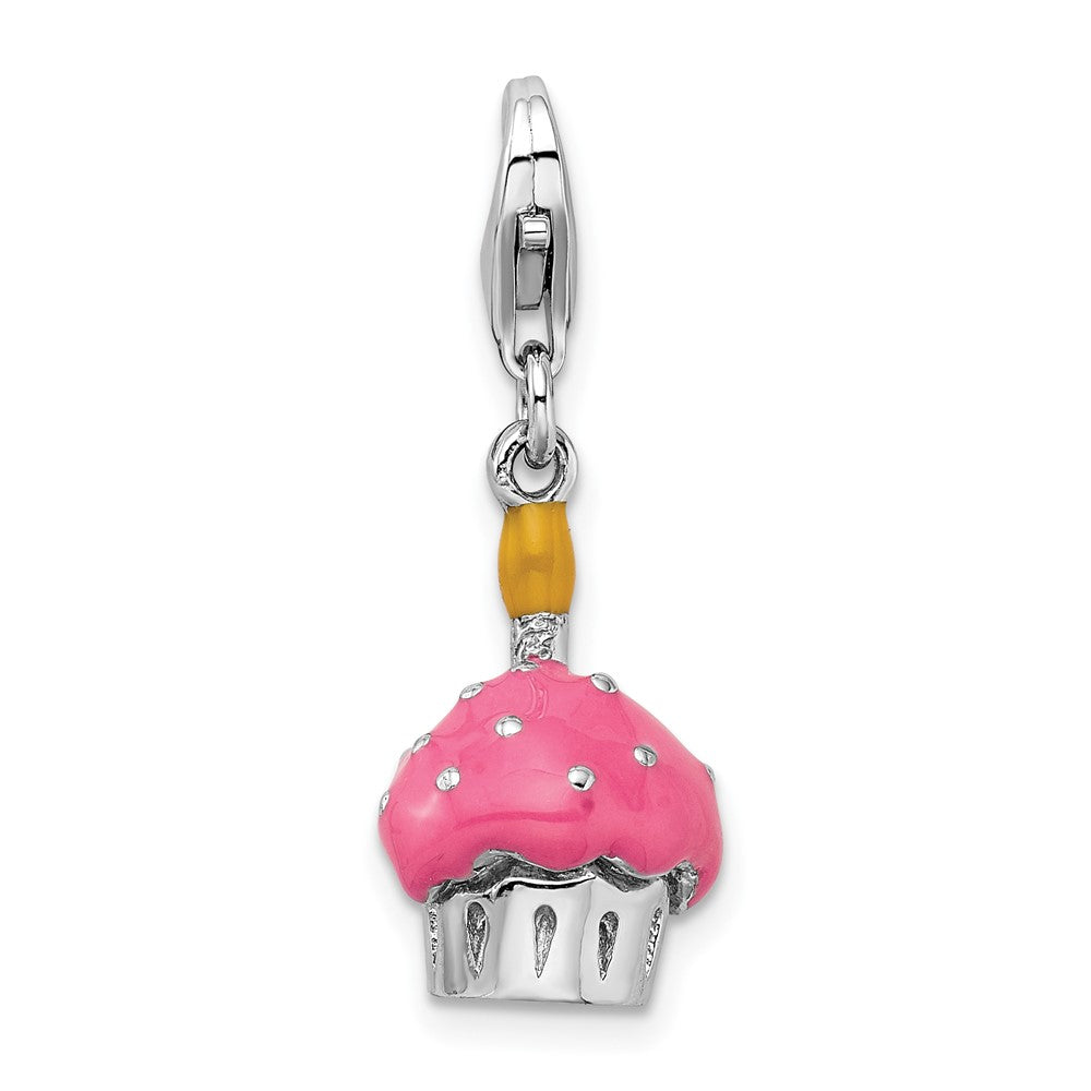 Amore La Vita Sterling Silver Rhodium-plated Polished 3-D Enameled Cupcake and Candle Charm with Fancy Lobster Clasp, 37 x 10 mm