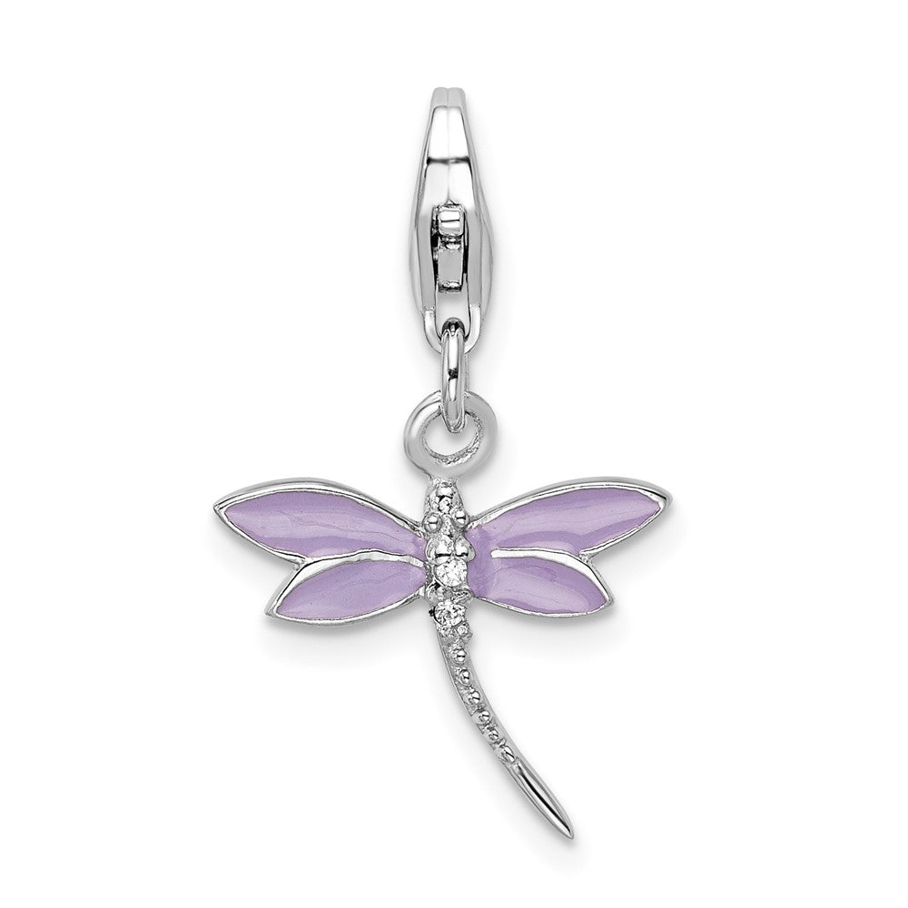 Amore La Vita Sterling Silver Rhodium-plated Polished Lilac Enameled CZ Dragonfly Charm with Fancy Lobster Clasp, 35 x 16 mm