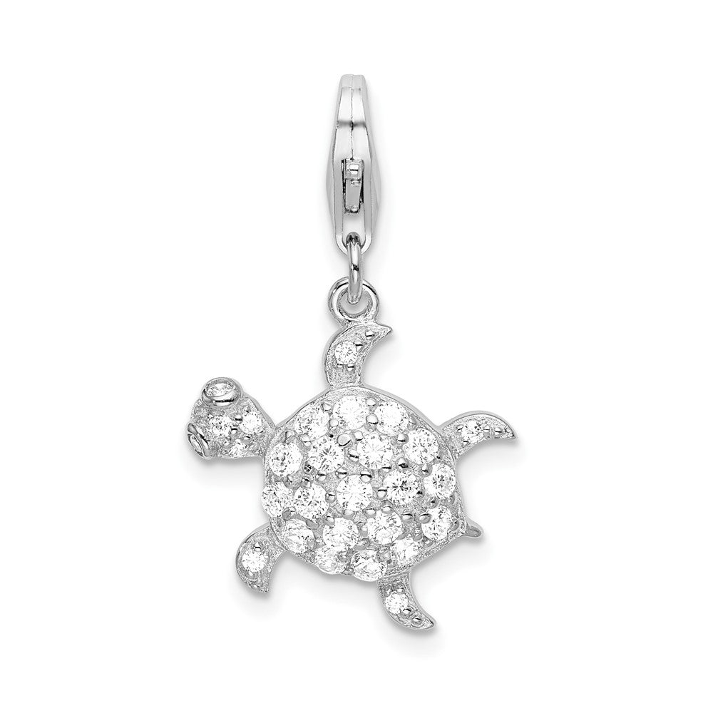 Amore La Vita Sterling Silver Rhodium-plated Polished CZ Sea Turtle Charm with Fancy Lobster Clasp, 35 x 16 mm