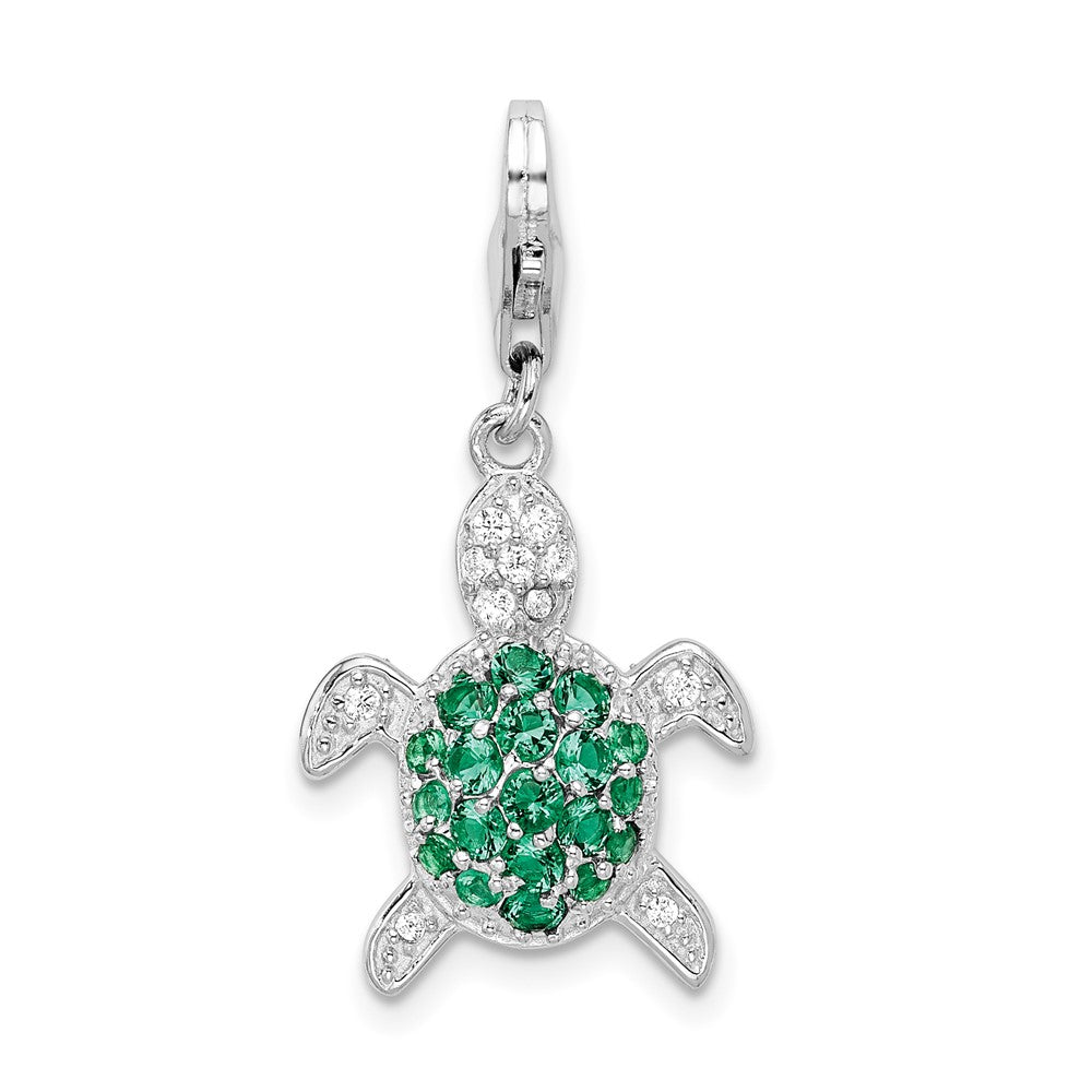 Amore La Vita Sterling Silver Rhodium-plated Polished Green and Clear CZ Turtle Charm with Fancy Lobster Clasp, 39 x 15 mm
