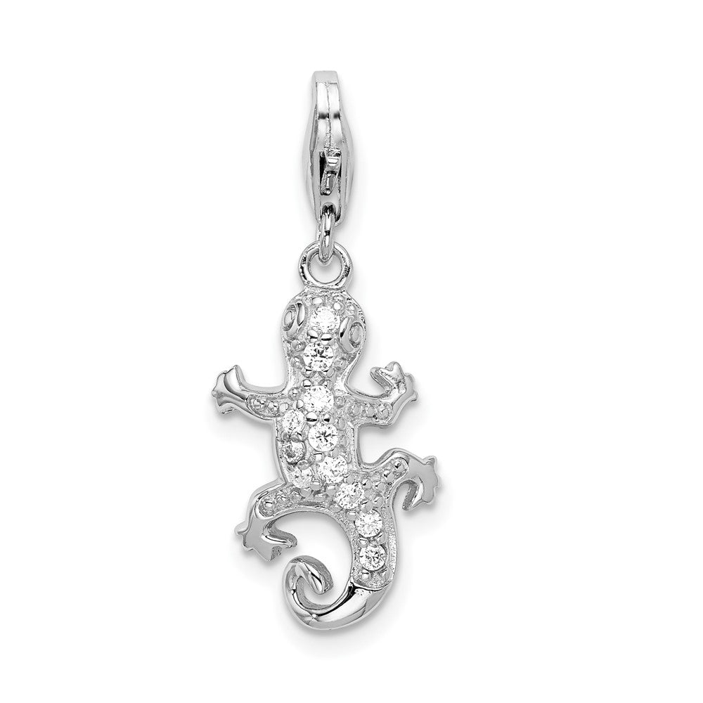 Amore La Vita Sterling Silver Rhodium-plated Polished CZ Lizard Charm with Fancy Lobster Clasp, 38 x 12 mm