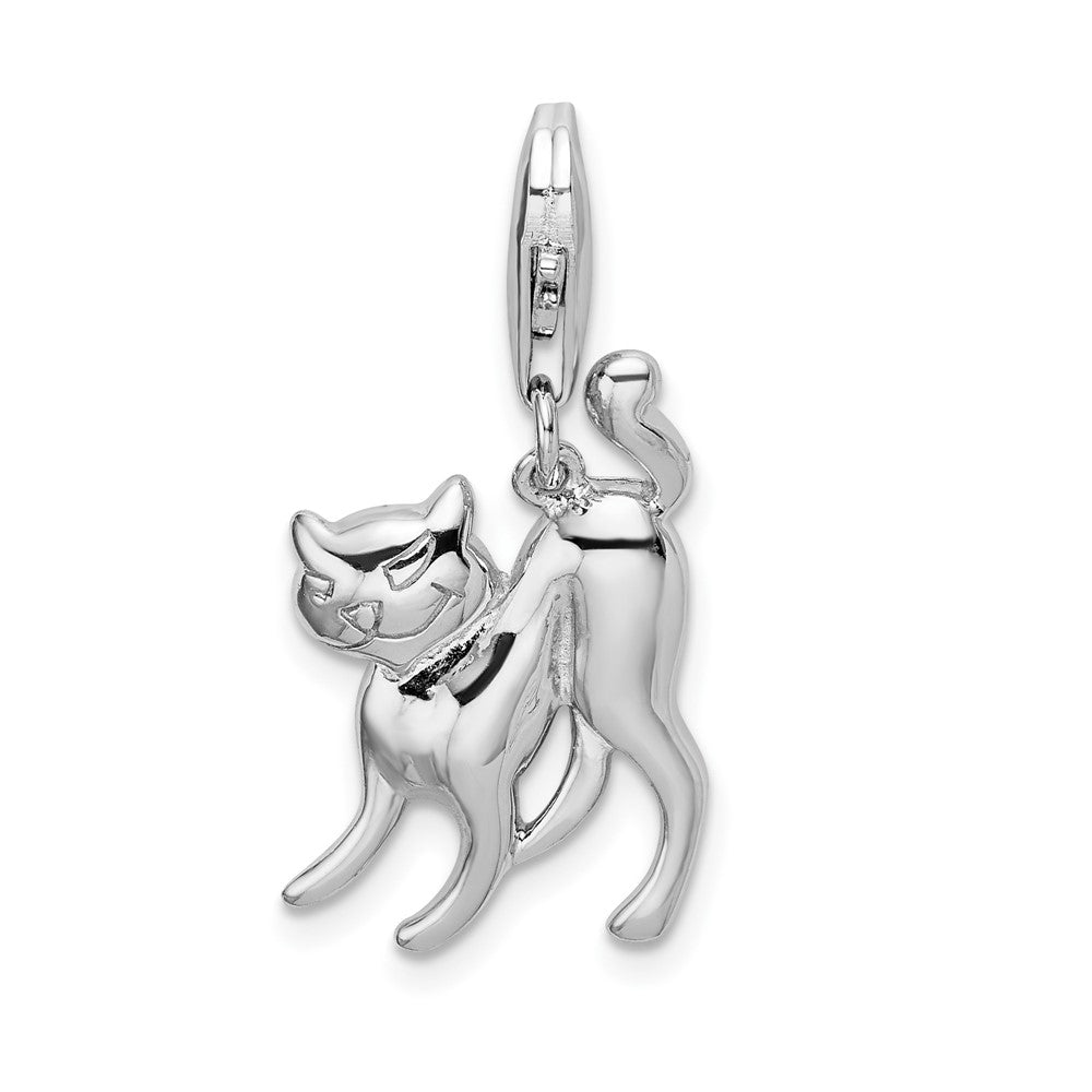 Amore La Vita Sterling Silver Rhodium-plated Polished Scary Cat Charm with Fancy Lobster Clasp, 35 x 13 mm
