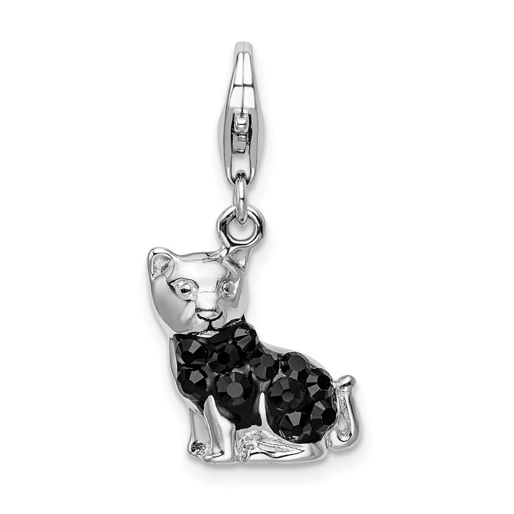 Amore La Vita Sterling Silver Rhodium-plated Polished Enameled Swarovski Crystal Black Cat Charm with Fancy Lobster Clasp, 34 x 13 mm