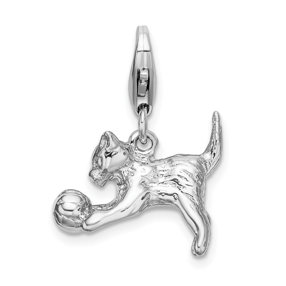 Amore La Vita Sterling Silver Rhodium-plated Polished 3-D Polished Kitten and Ball Charm with Fancy Lobster Clasp, 32 x 16 mm
