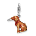 Amore La Vita Sterling Silver Rhodium-plated Polished 3-D Enameled Light Brown Dog and Frisbee Charm with Fancy Lobster Clasp, 34 x 16 mm
