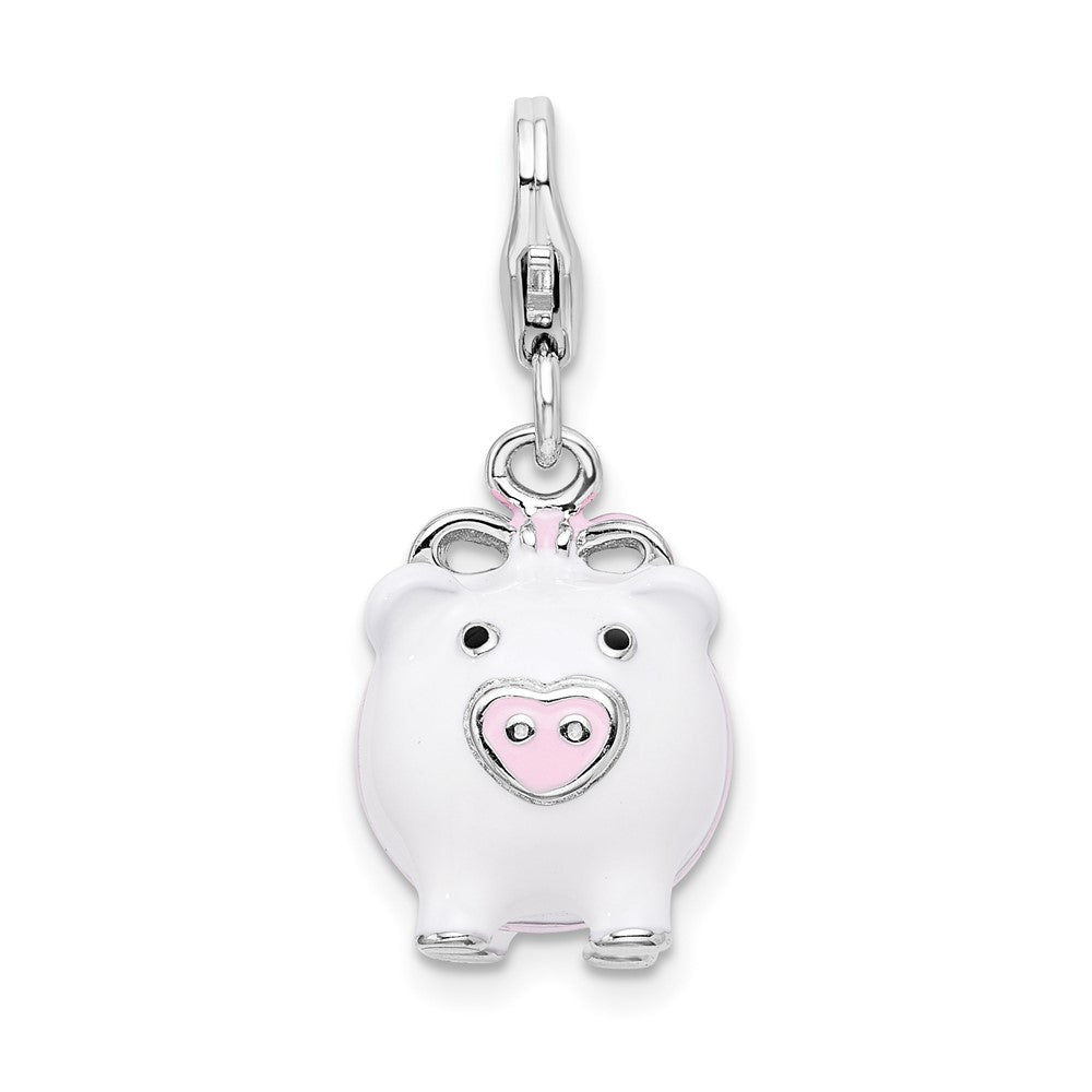 Amore La Vita Sterling Silver Rhodium-plated Polished 3-D Enameled Pig Charm with Fancy Lobster Clasp, 35 x 12 mm