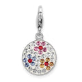 Amore La Vita Sterling Silver Rhodium-plated Polished Pink Red Blue White Yellow Crystal Floral Pattern Disc Charm with Fancy Lobster Clasp, 34 x 12 mm