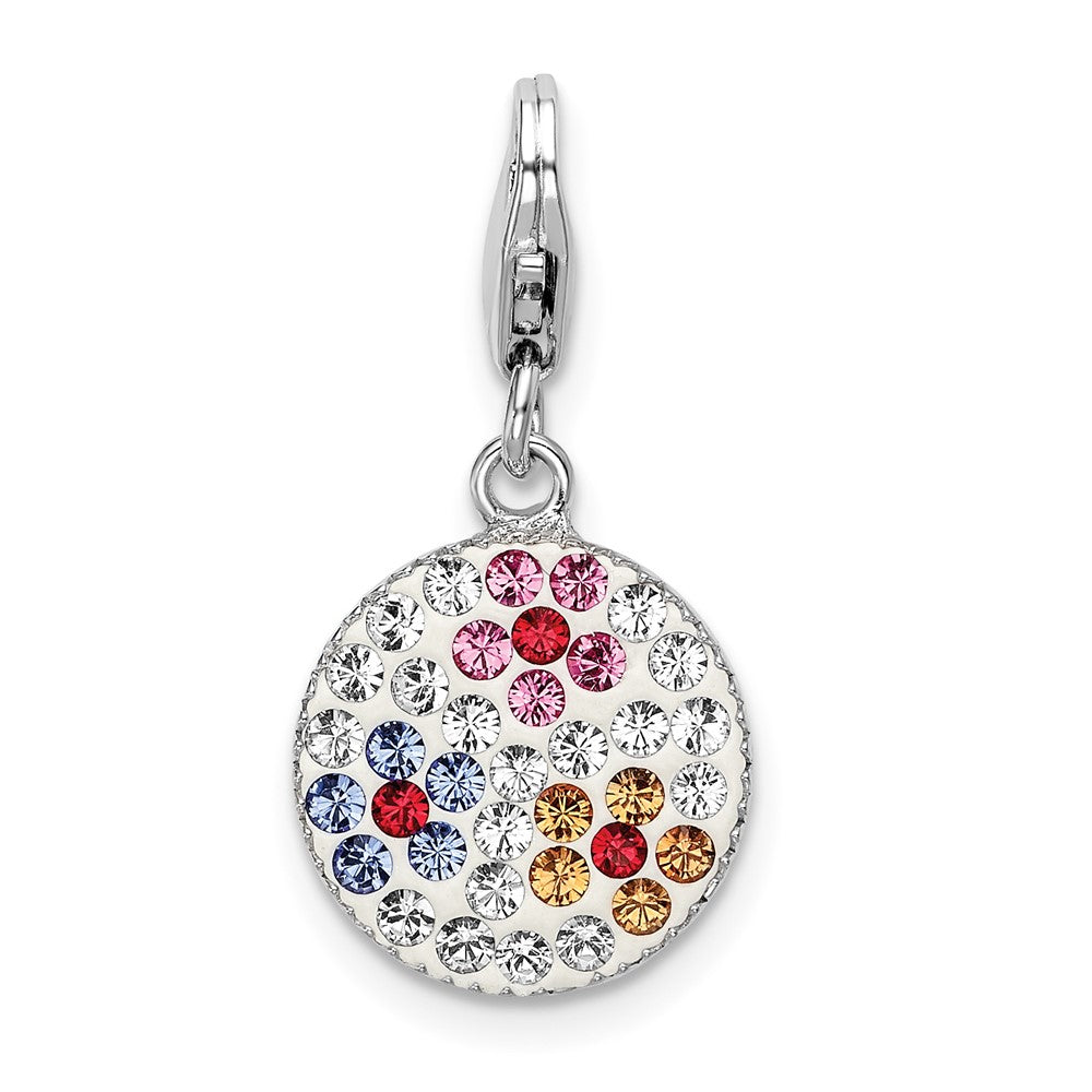 Amore La Vita Sterling Silver Rhodium-plated Polished Pink Red Blue White Yellow Crystal Floral Pattern Disc Charm with Fancy Lobster Clasp, 34 x 12 mm