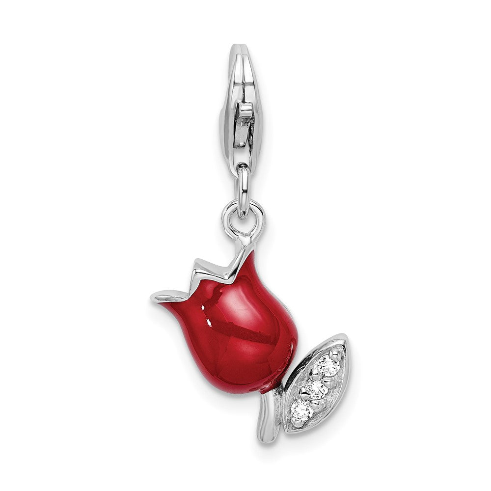 Amore La Vita Sterling Silver Rhodium-plated Polished CZ Red Enameled Tulip Flower Charm with Fancy Lobster Clasp, 36 x 12 mm
