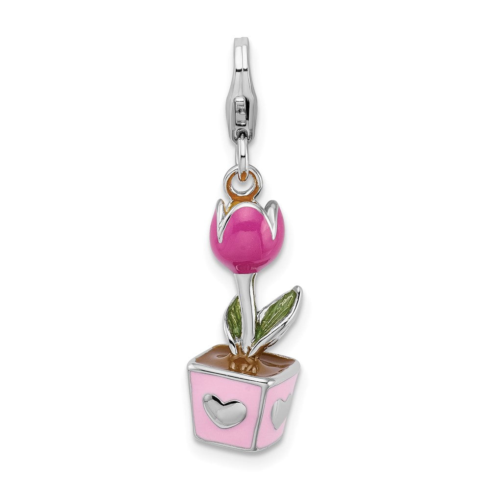 Amore La Vita Sterling Silver Rhodium-plated Polished 3-D Pink Enameled Potted Tulip Charm with Fancy Lobster Clasp, 40 x 8 mm