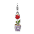 Amore La Vita Sterling Silver Rhodium-plated Polished 3-D Red Enameled Potted Tulip Flower Charm with Fancy Lobster Clasp, 40 x 8 mm