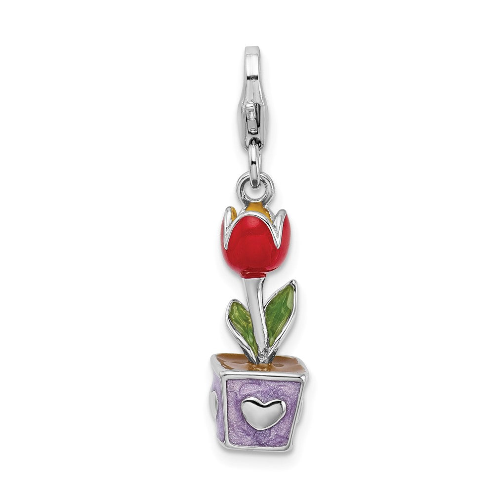 Amore La Vita Sterling Silver Rhodium-plated Polished 3-D Red Enameled Potted Tulip Flower Charm with Fancy Lobster Clasp, 40 x 8 mm