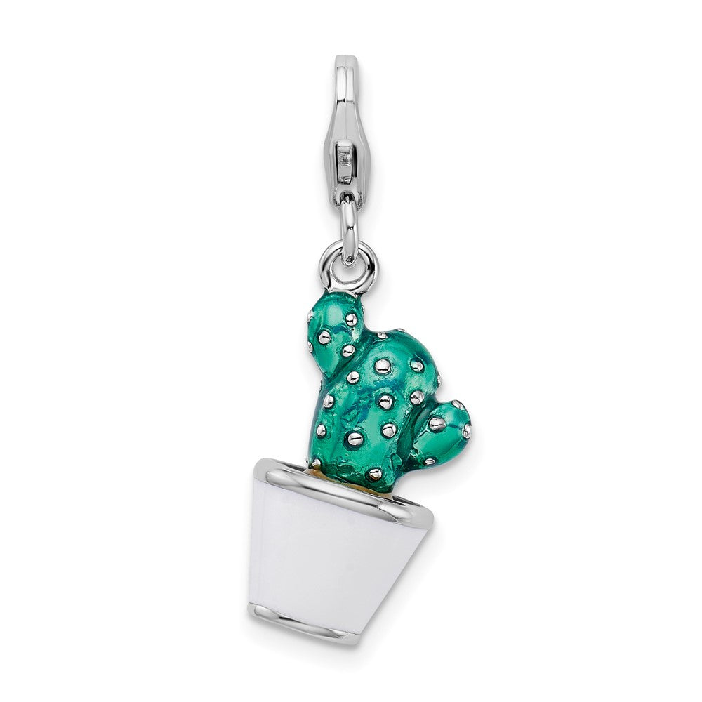 Amore La Vita Sterling Silver Rhodium-plated Polished 3-D Enameled Potted Green Cactus Charm with Fancy Lobster Clasp, 39 x 12 mm