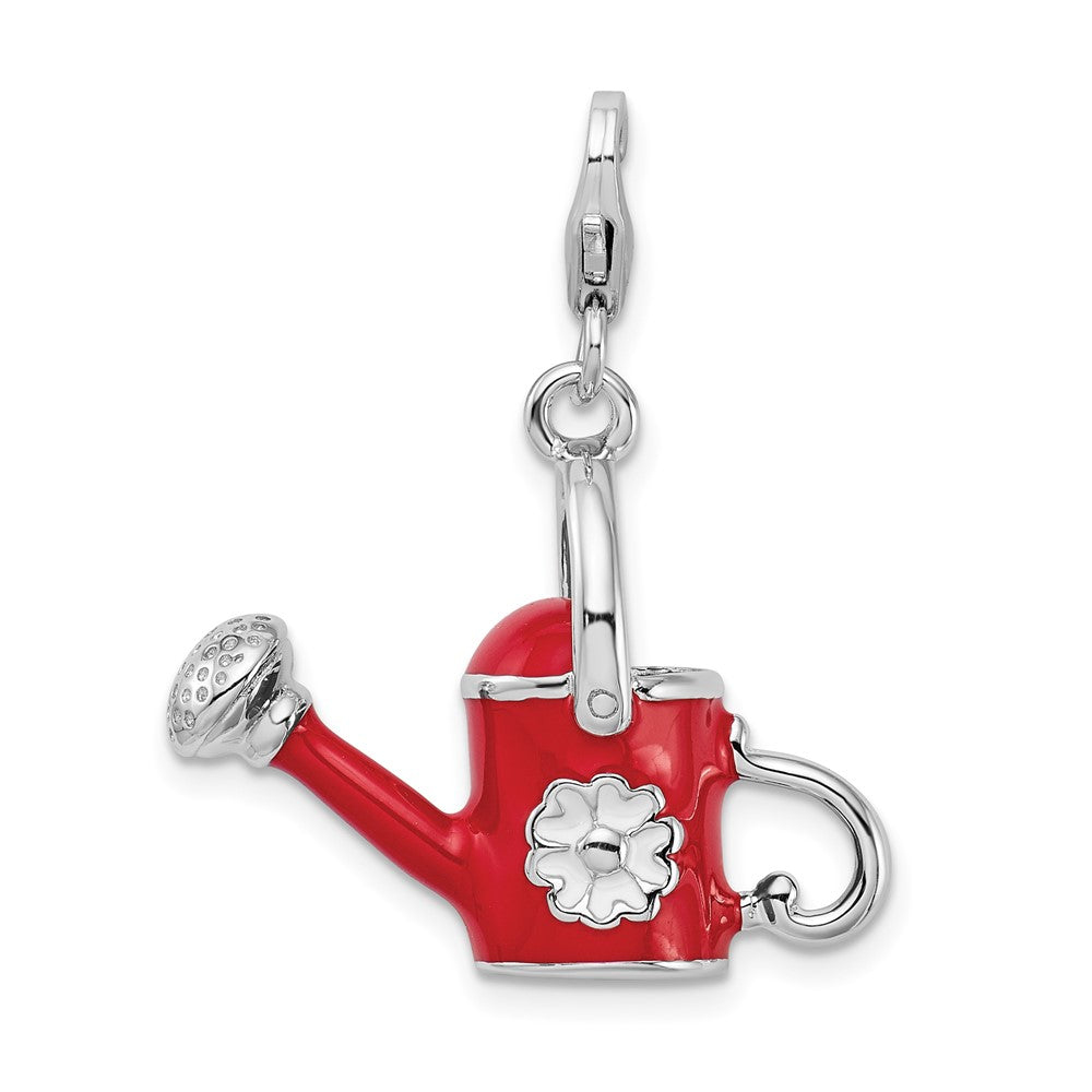 Amore La Vita Sterling Silver Rhodium-plated Polished 3-D Enameled Red Watering Can Charm with Fancy Lobster Clasp, 40 x 23 mm