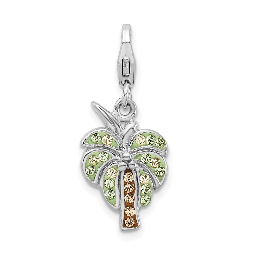 Amore La Vita Sterling Silver Rhodium-plated Polished Crystal Palm Tree Charm with Fancy Lobster Clasp, 35 x 11 mm