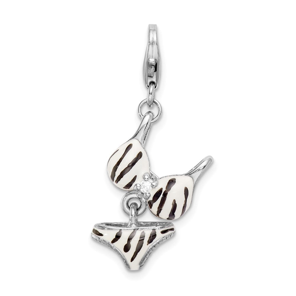 Amore La Vita Sterling Silver Rhodium-plated Polished 3-D CZ Enameled Zebra Bikini Pendant, 43 x 16 mm